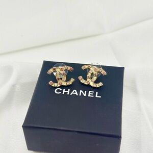 CHANEL Pink Crystal Gold CC Earrings